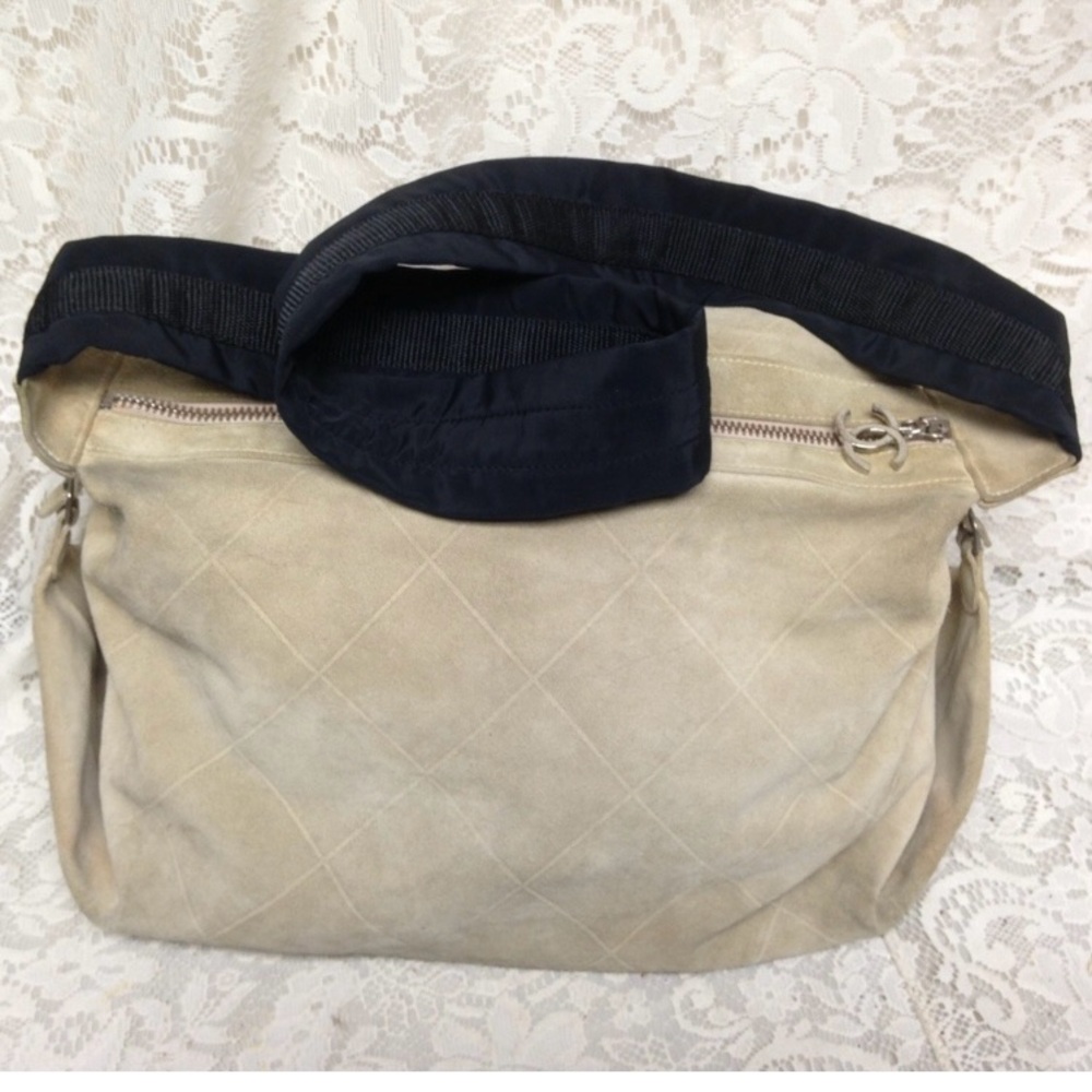Authentic, Chanel Khaki Suede Leather Weekend Crossbody-Hand Bag 10in H x 16in